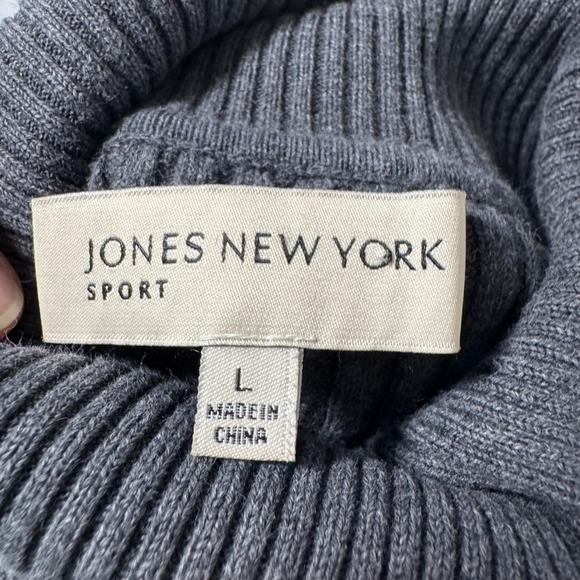 Jones New York Gray Sport Ribbed Preppy Turtleneck Sweater L Cotton 90s Inspired - Picture 3 of 9